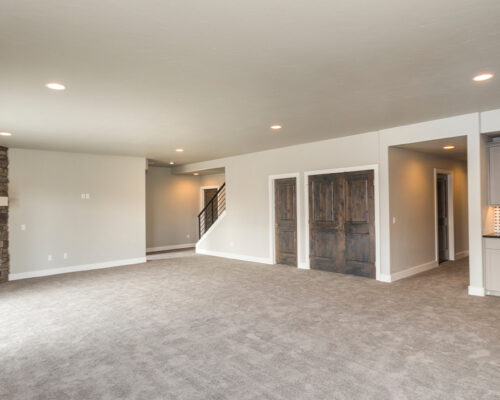 Newly remodeled basement with carpet and solid ceiling