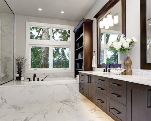 Newly remodeled bathroom with double vanity sink