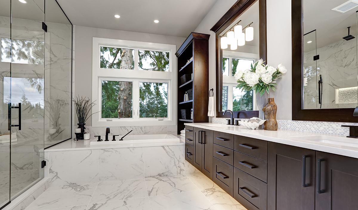 Newly remodeled bathroom with double vanity sink