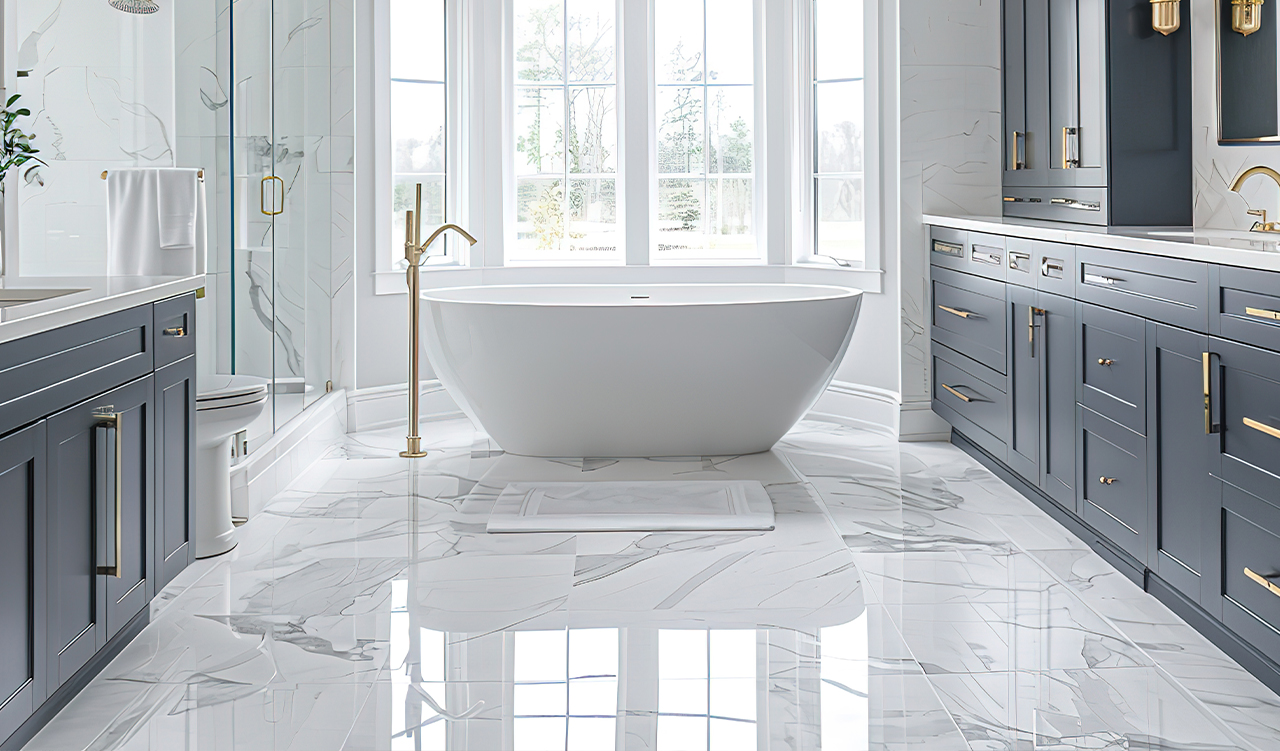 White Marble Floor in new modern bathroom