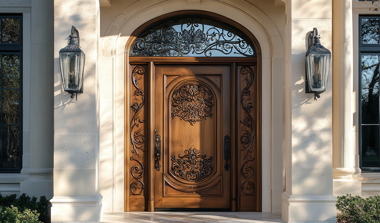 custom wooden door installed in a classic home, with sunlight highlighting its detailed craftsmanship