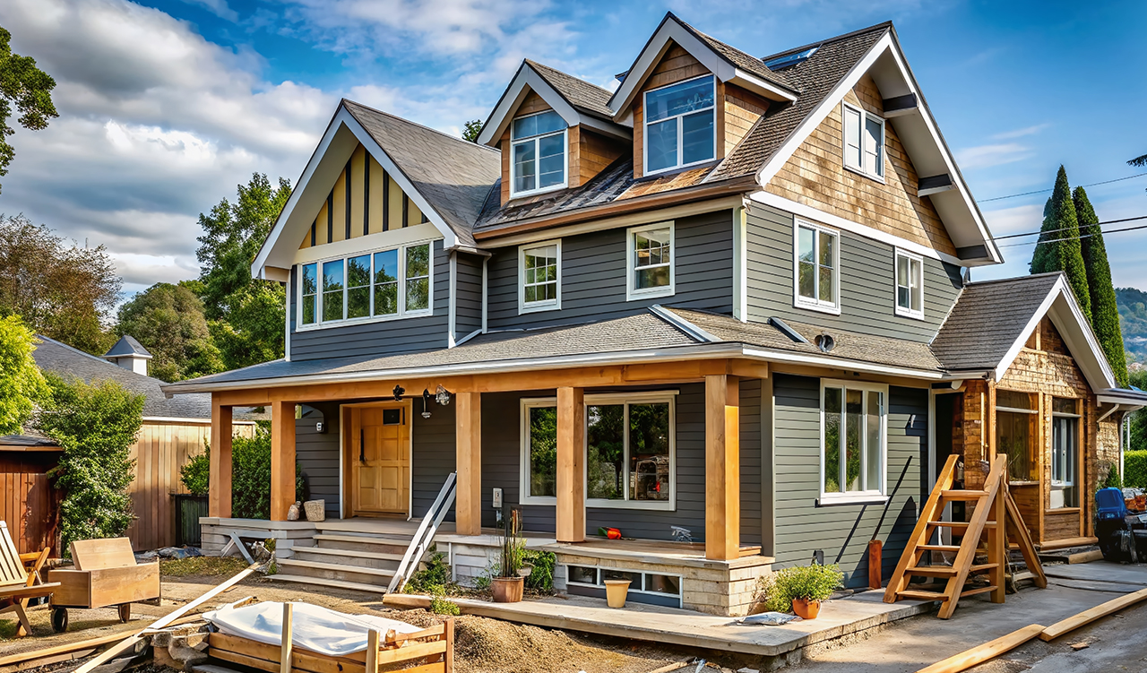 A modernized, eco-friendly home renovation exposed during construction, showcasing replaced windows, updated siding