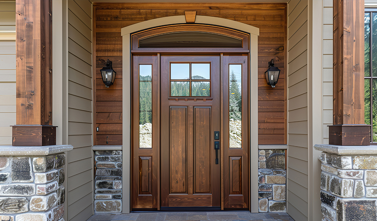 The front door of a house is made of wood and has a lot of knobs and a lock